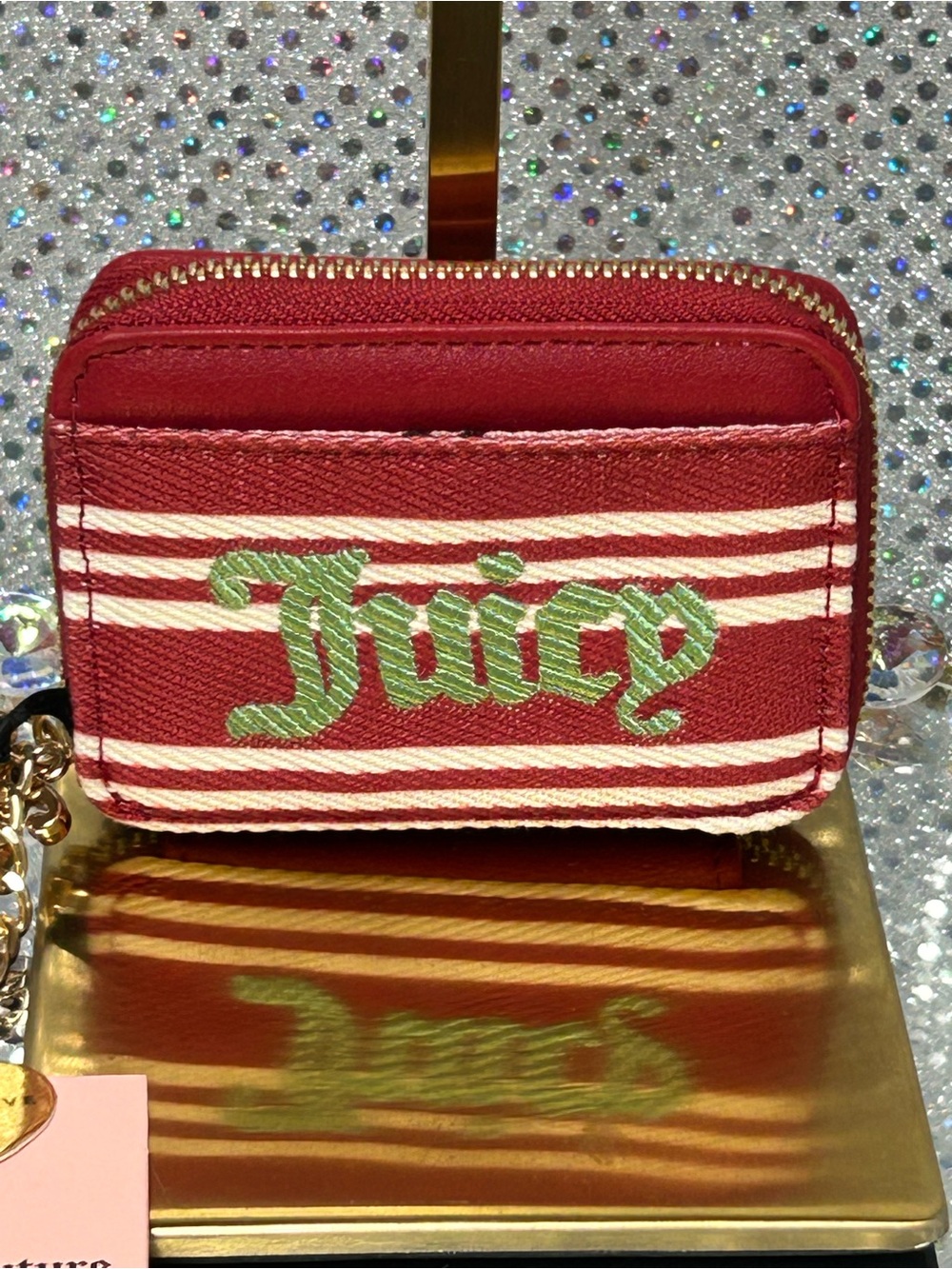 Juicy Couture Red & Cream Striped Mini Card Holder with Green Logo